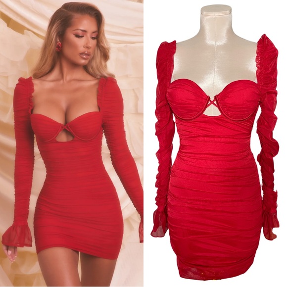 NWT Oh Polly True For You Ruched Mesh Cutout Mini Dress - Picture 1 of 11